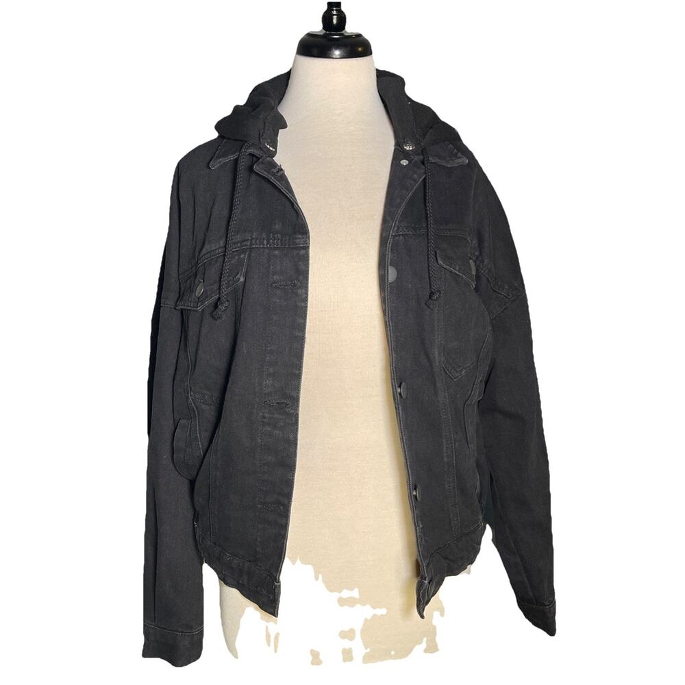 Rue 21 Denim Jacket Combo with Sweatshirt Removable Hood Button Up Size M Black